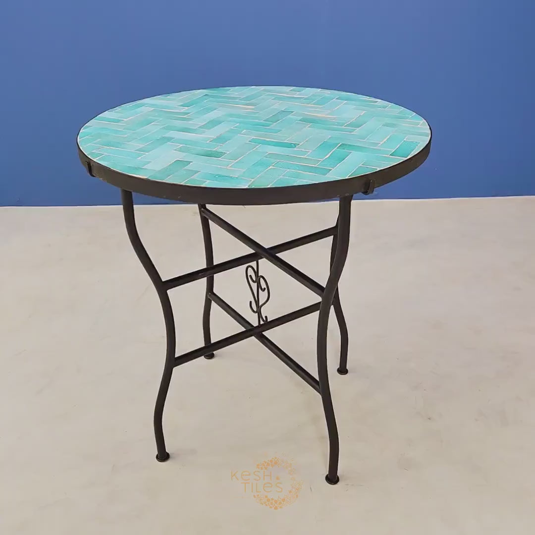 Assil - Turquoise Mosaic Table, Handmade Herringbone Moroccan Patio Table