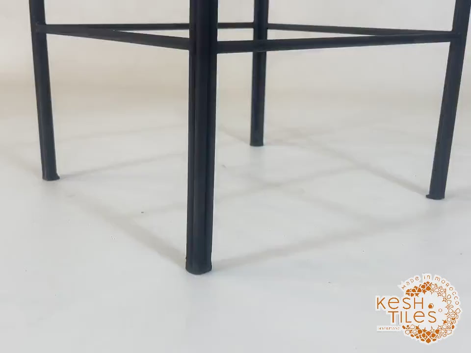 Navid - Black Wrought Iron Stool, Handmade Moroccan Seat with Gold Finials