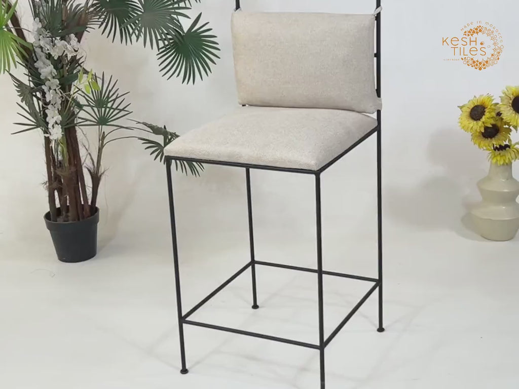 Zohair - Moroccan Iron Stool, Handmade Wrought Chair with Beige Upholstery