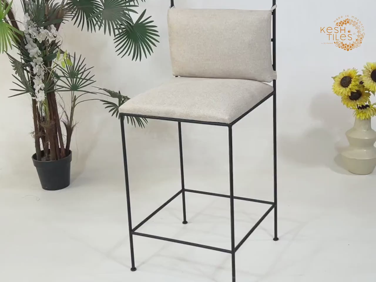 Zohair - Moroccan Iron Stool, Handmade Wrought Chair with Beige Upholstery