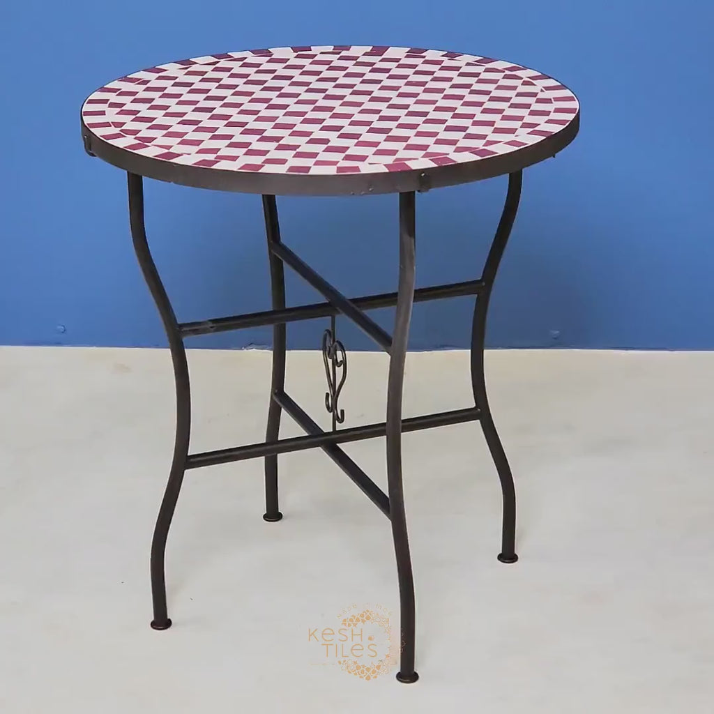Sahra - Round Mosaic Coffee Table, Burgundy and White Moroccan Tile