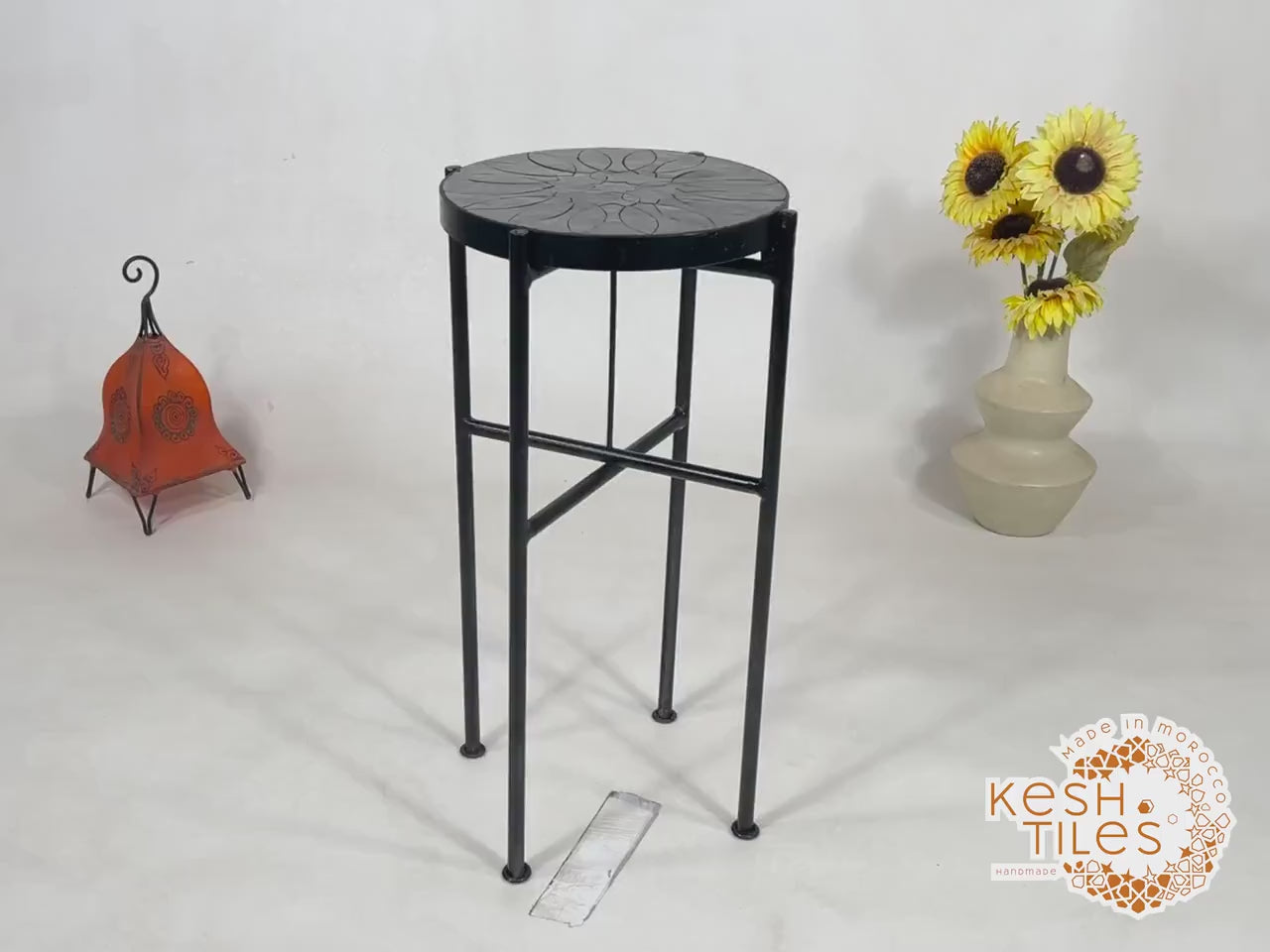 Bahia - Round Black Flower Mosaic Table, Handmade Moroccan Zellige with Iron Base