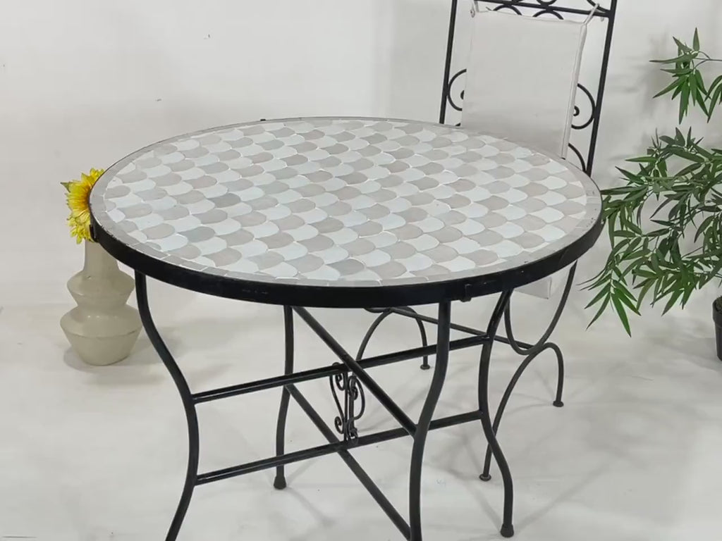 Kawtar - Off-White and Beige Mosaic Table, Round Fish-Scale Tile