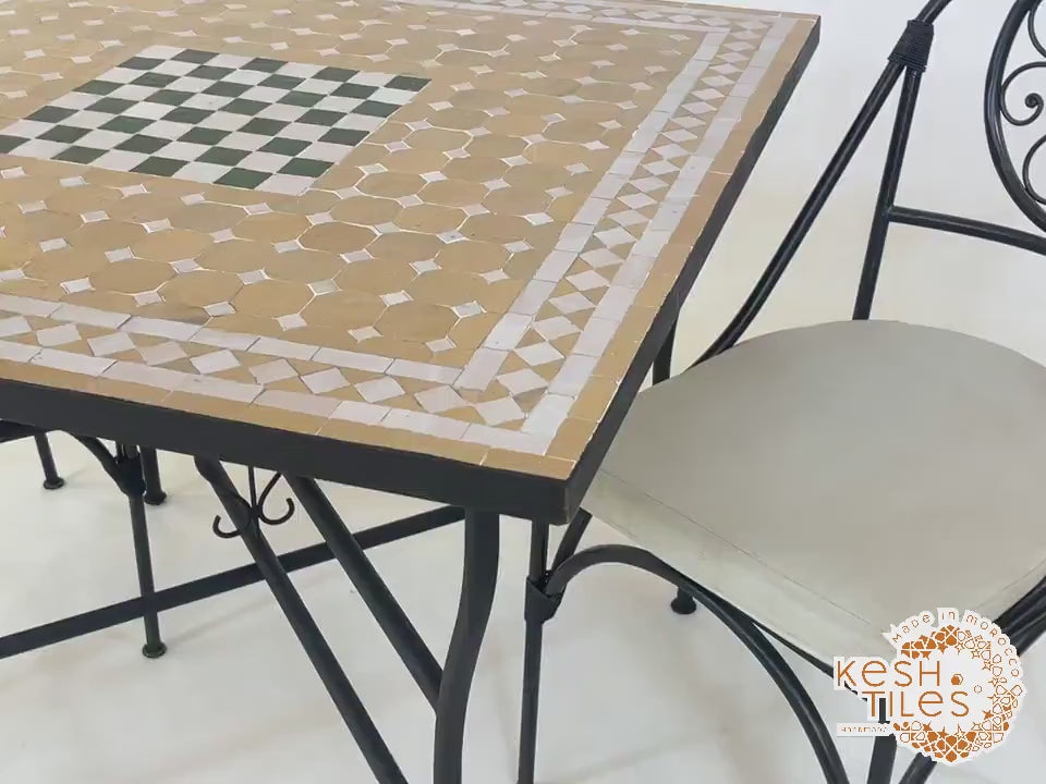 Awzar - Emerald beige Mosaic Chess Table, Handmade Moroccan Tile Table