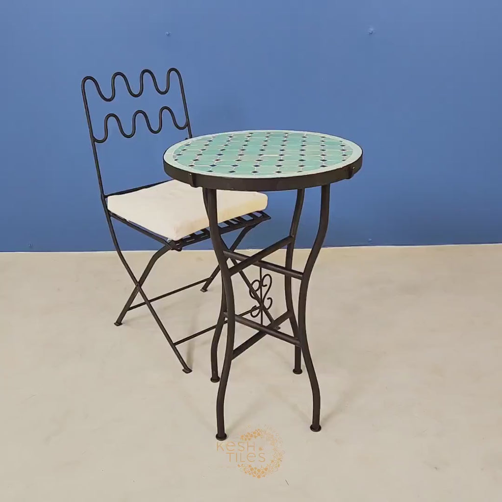 Amal - Blue Mosaic Table, Round Cyan and Dark Blue Moroccan Zellige Coffee Table