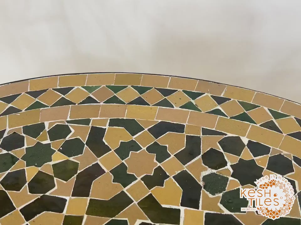 Ghita - Round Yellow and Green Mosaic Table, Moroccan Zellige Patio Coffee Table