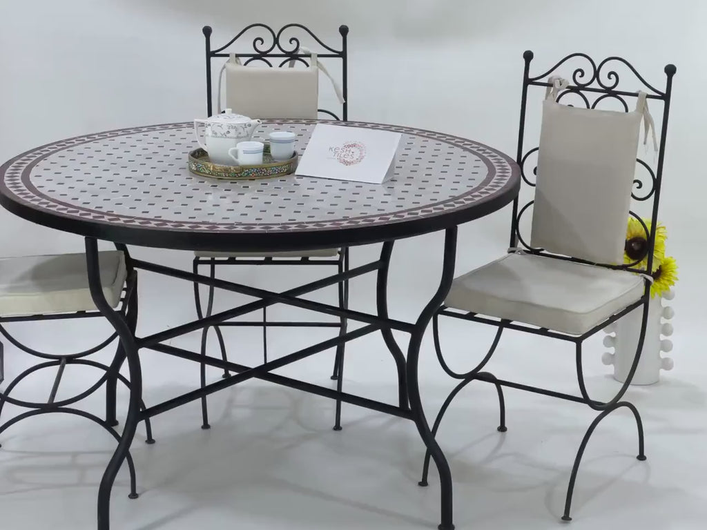 Meriem - Round Mosaic Table, White and red Moroccan Zellige Patio Table