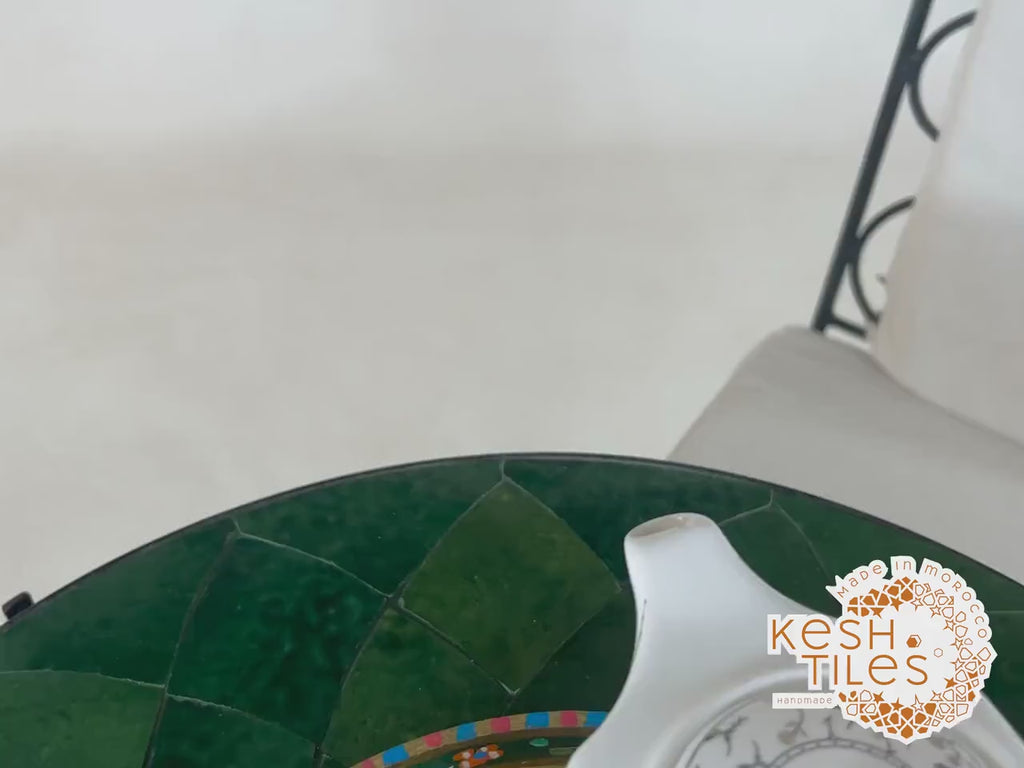 Tighremt - Round Seaweed Green Flower Mosaic Table, Handmade Moroccan Zellige Patio Table