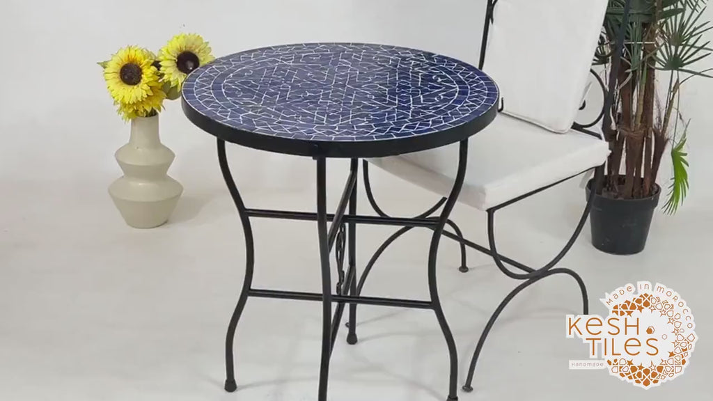 Ranya - Tealish Blue Mosaic Coffee Table, Round Handmade Zellige Table