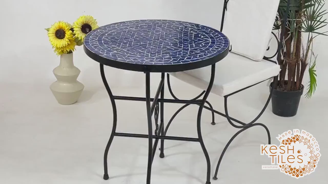 Ranya - Tealish Blue Mosaic Coffee Table, Round Handmade Zellige Table