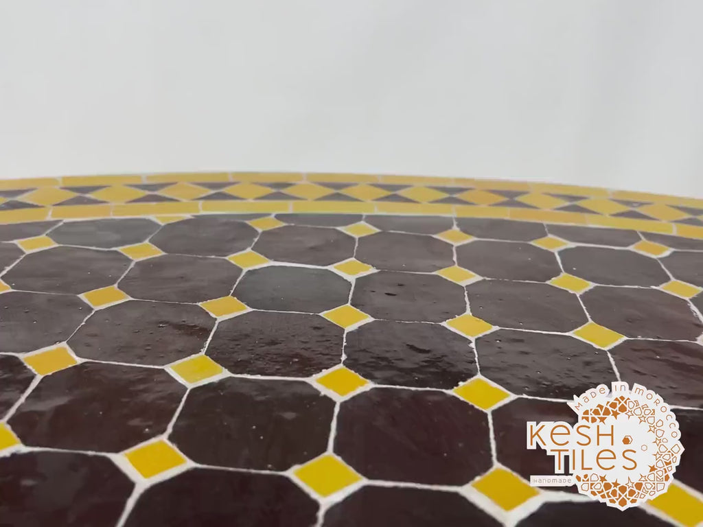 Baraka - Round Mosaic Table, Dark Brown and Mustard Yellow Moroccan Tile