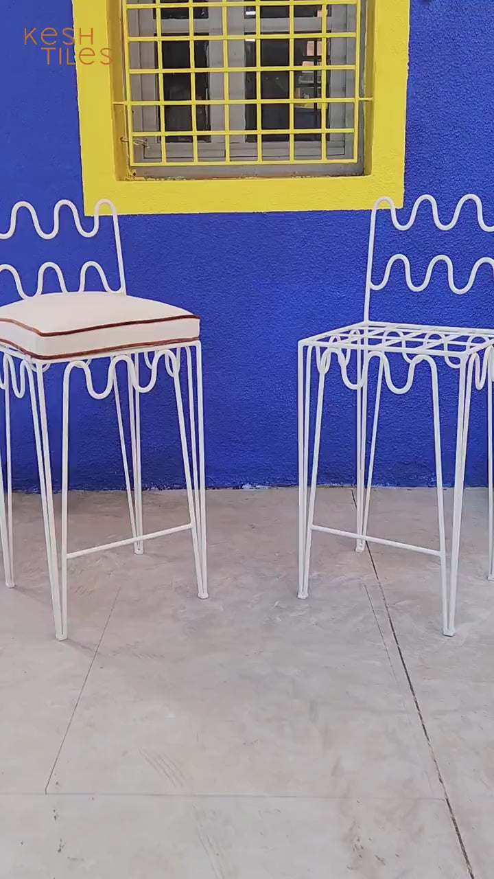 Amayas - White Wrought Iron Bar Stools, Handmade Indoor Outdoor Chairs