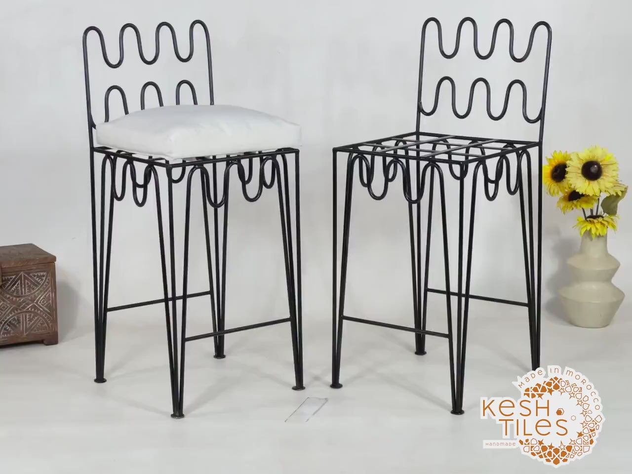 Yumna - Handmade Moroccan Wrought Iron Stool – Black Handpainted Indoor/Outdoor Chair with Free Upholstery