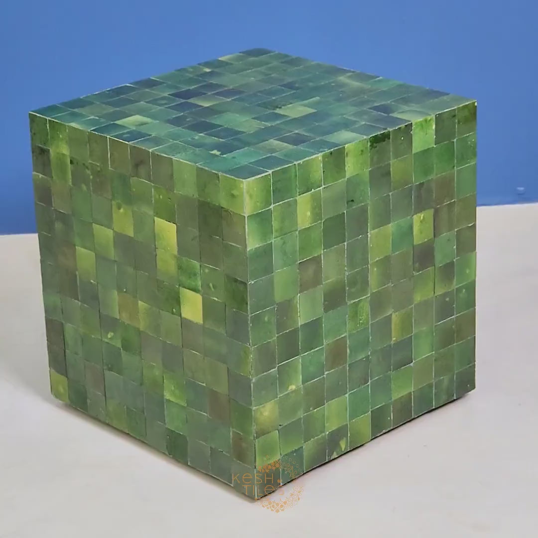 Anbar - Cube Mosaic Side Table, Green Handmade Moroccan Tamegrout