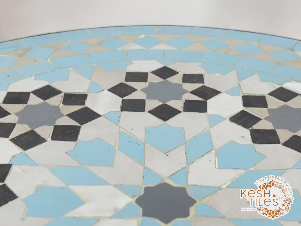 Tighri - Baby Blue Moroccan Mosaic Table, Handmade Zellige Patio Side Table
