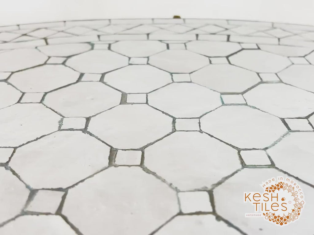 Tiddu - White Mosaic Table, Round Handmade Zellige Patio Table with Golden Base