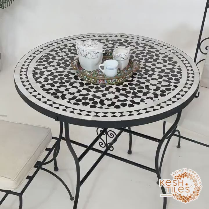Salma - Black and White Mosaic Table, Round Handmade Moroccan Coffee Table