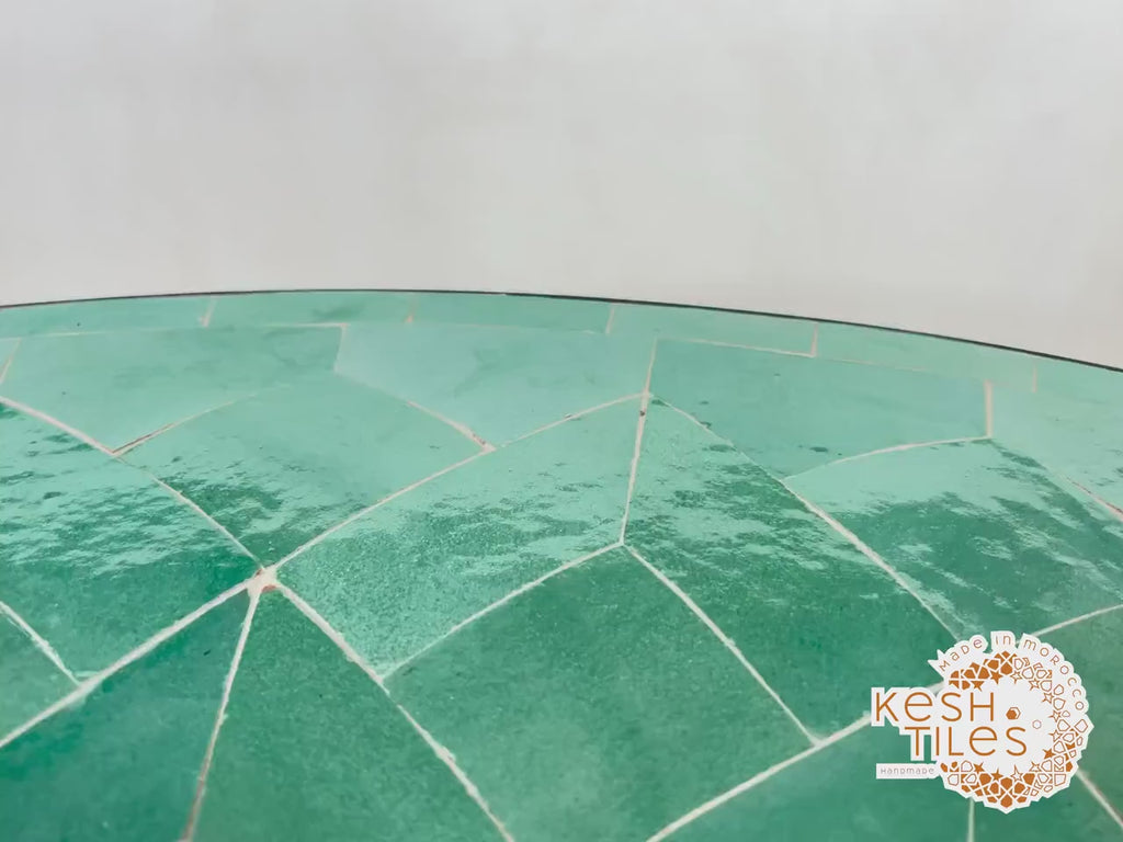 Samir - Round Cyan Mosaic Table, Handmade Flower Design Patio Table