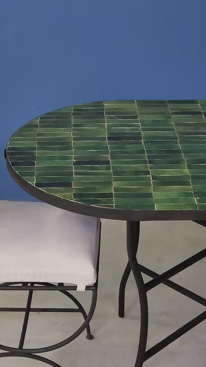 Khadija - Green Mosaic Oval Table, Handmade Moroccan Zellige Patio Table