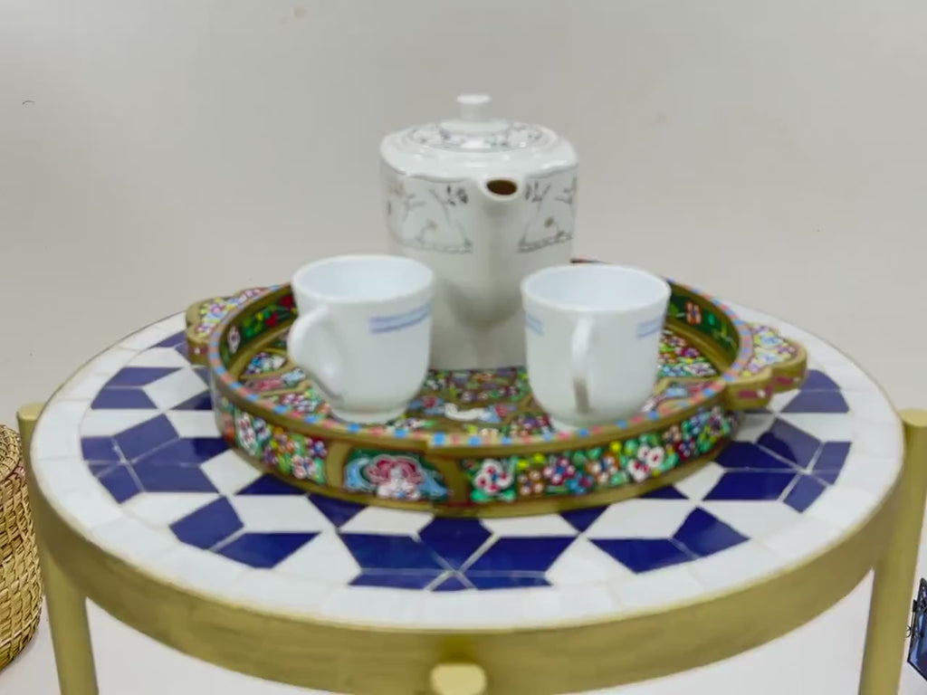 Zayd - Blue Mosaic Coffee Table, Moroccan Zellige Table with Golden Base