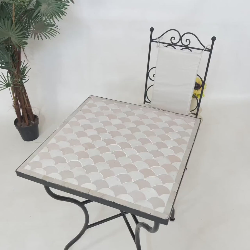 Tiffa - Off White Mosaic Table, Handmade Beige Fish Scale Tile Table