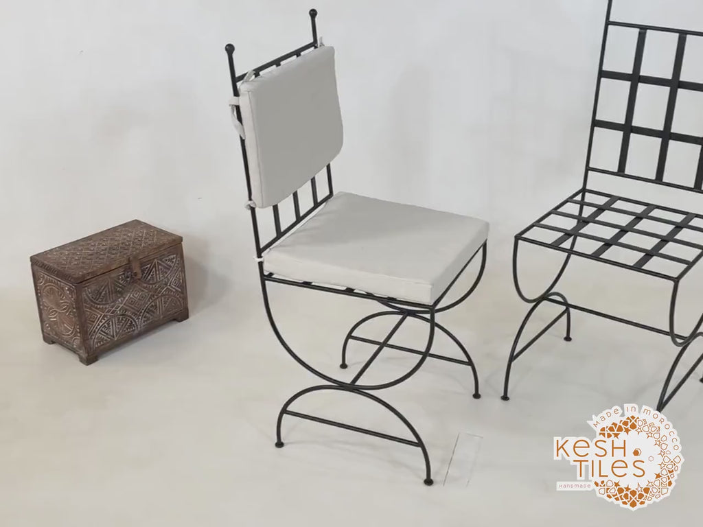 Idris - Set of Moroccan Iron Chairs, Handpainted Wrought Stools with Cushions