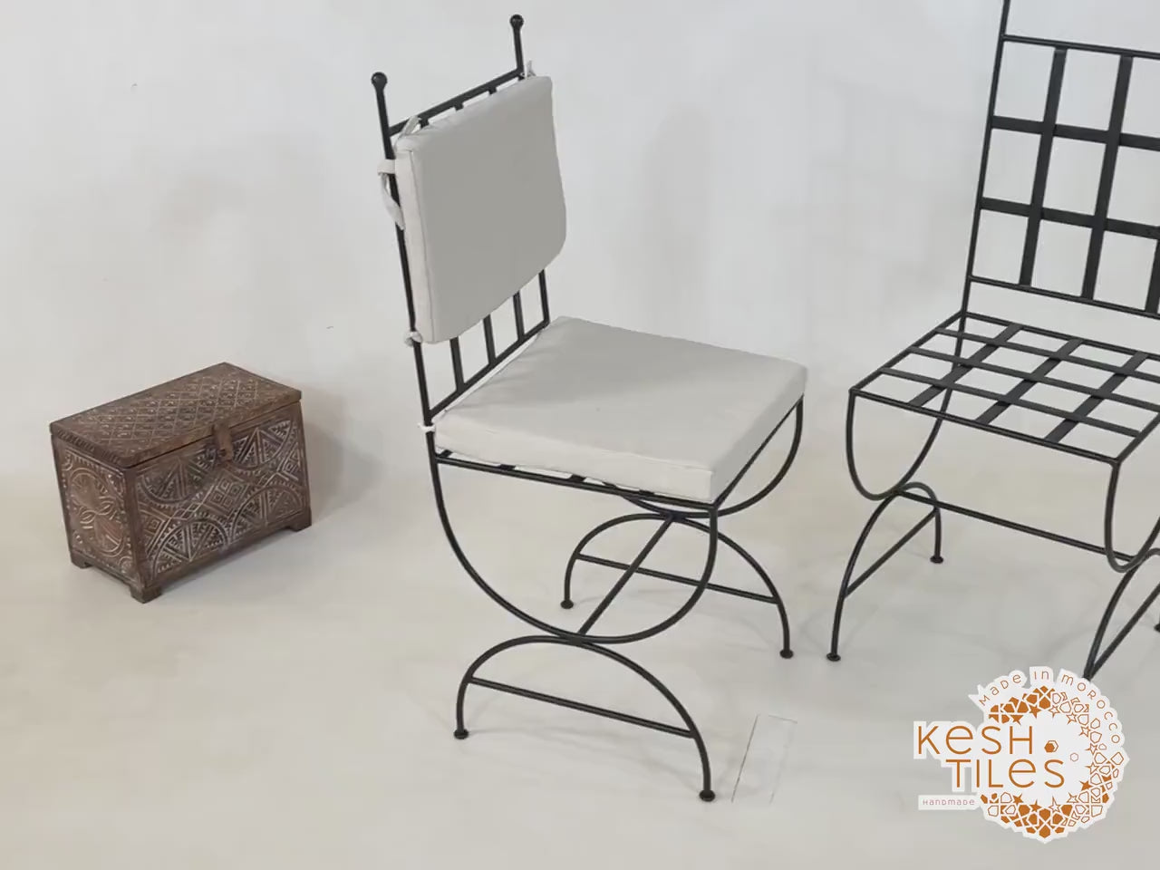 Idris - Set of Moroccan Iron Chairs, Handpainted Wrought Stools with Cushions