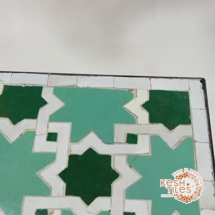 Ouarzaz - Emerald Aqua Mosaic Table, Round Handmade Moroccan Zellige Table