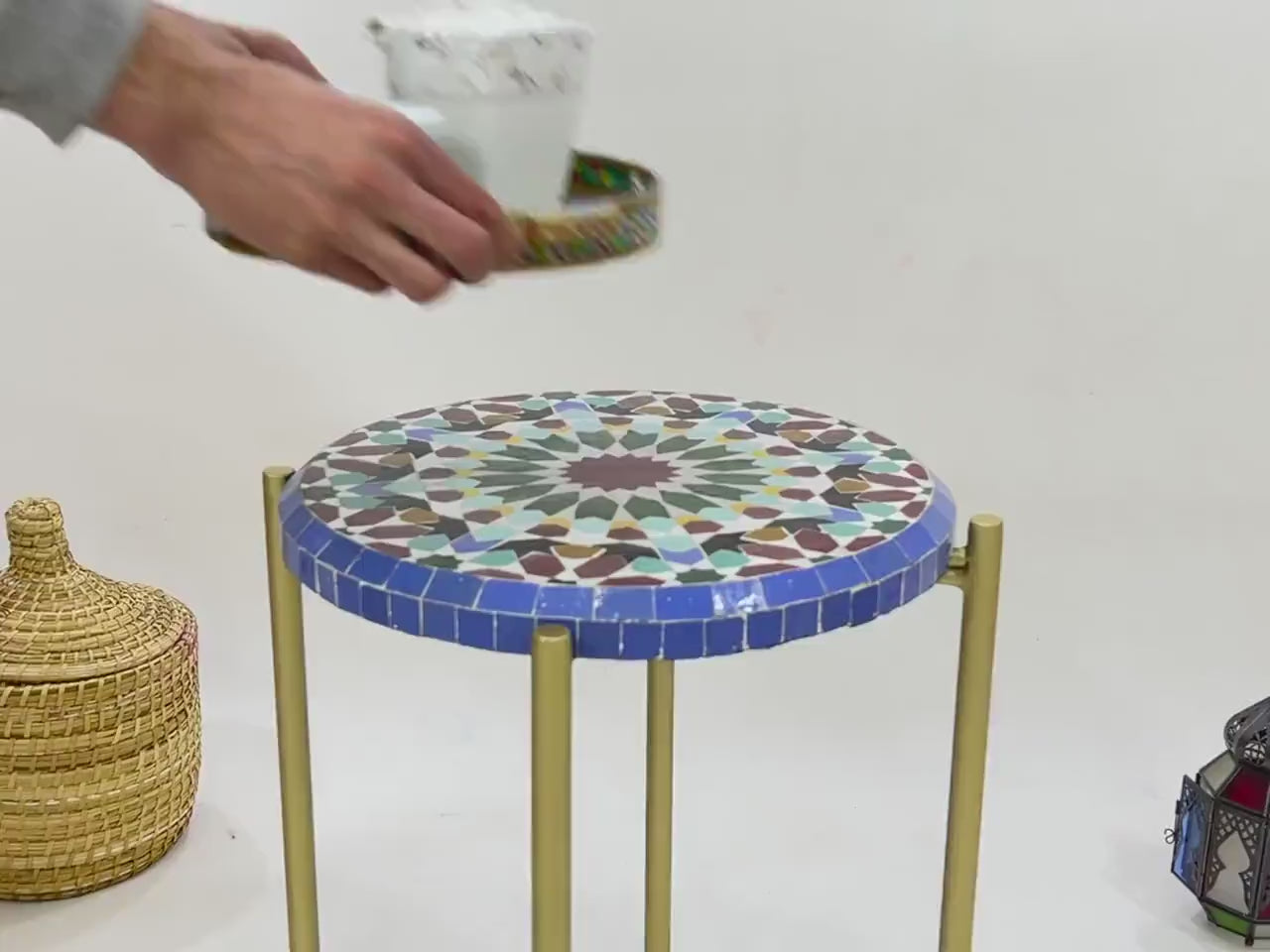 Tilelli - Blue Mosaic Coffee Table, Handmade Zellige Table with Golden Base