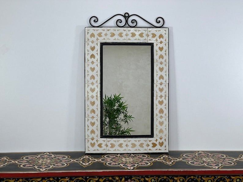Randa - Beige Mosaic Mirror, Handmade Moroccan Zellige Wall Mirror