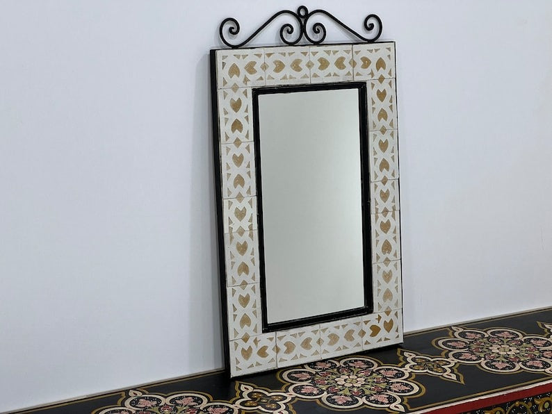 Randa - Beige Mosaic Mirror 16x24, Rectangular Handmade Moroccan Zellige