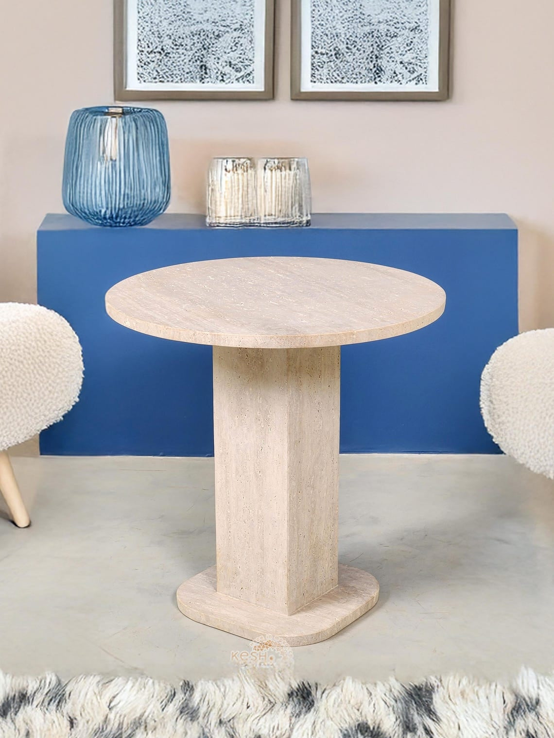 Rawya - Round Travertine Coffee Table, Handmade Natural Stone Table