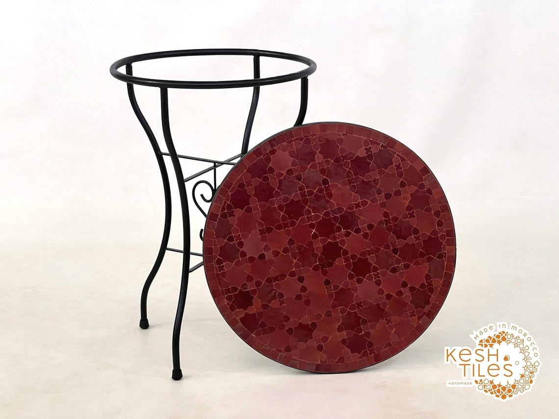 Aghilas - Red Mosaic Table, Handmade Moroccan Cherry Tile Patio Table