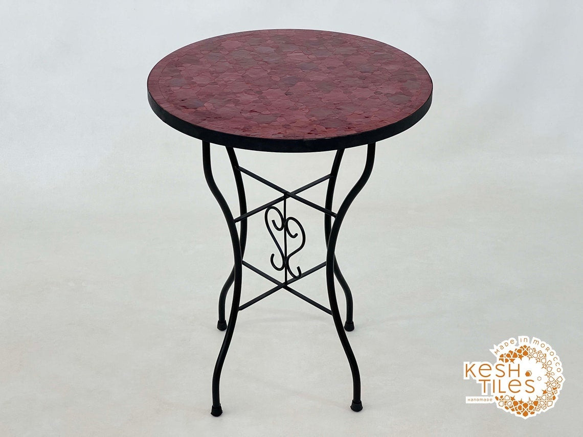 Aghilas - Red Mosaic Table, Handmade Moroccan Cherry Tile Patio Table