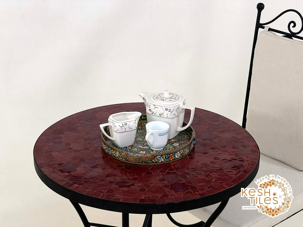 Aghilas - Red Mosaic Table, Handmade Moroccan Cherry Tile Patio Table