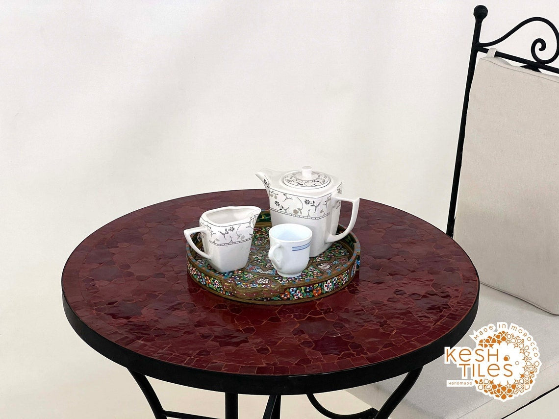 Aghilas - Red Mosaic Table, Handmade Moroccan Cherry Tile Patio Table