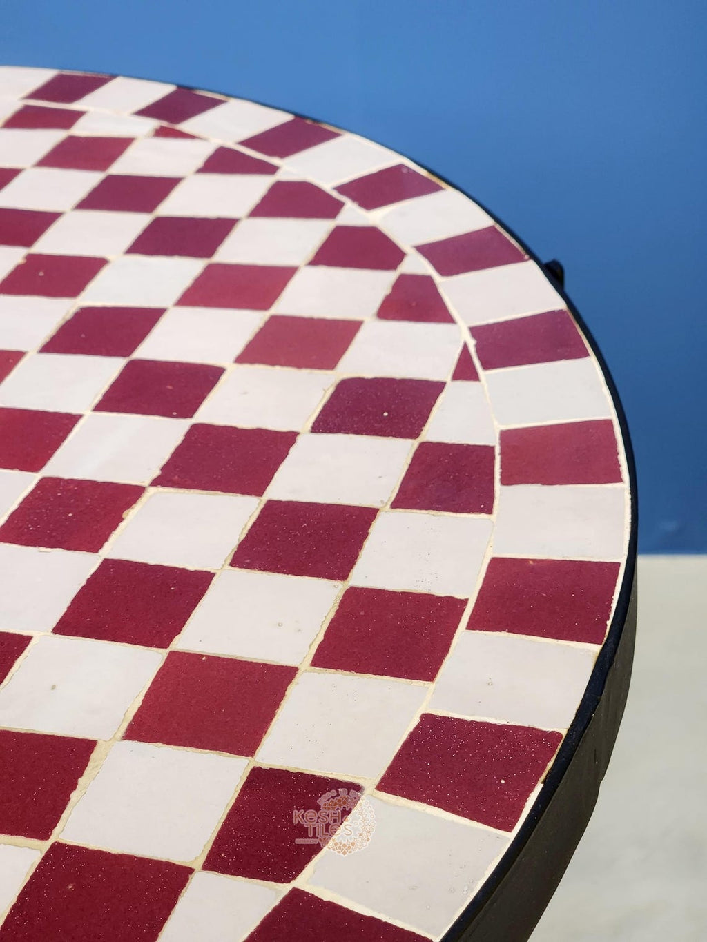 Sahra - Round Mosaic Coffee Table, Burgundy and White Moroccan Tile