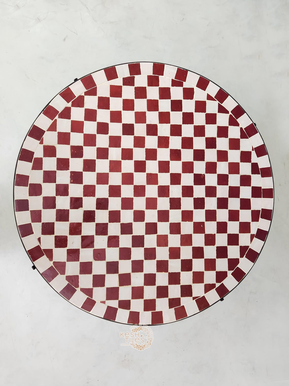Sahra - Round Mosaic Coffee Table, Burgundy and White Moroccan Tile