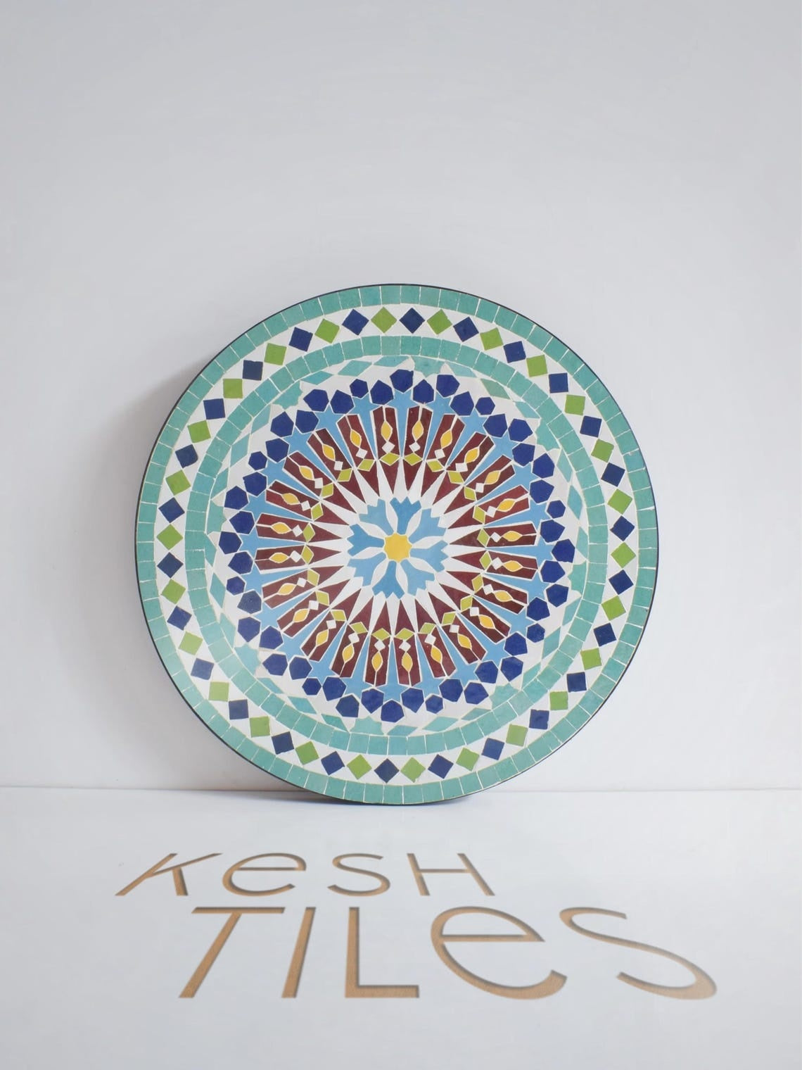 Taznirt - Round Mosaic Table, Colorful Handmade Moroccan Patio Tile
