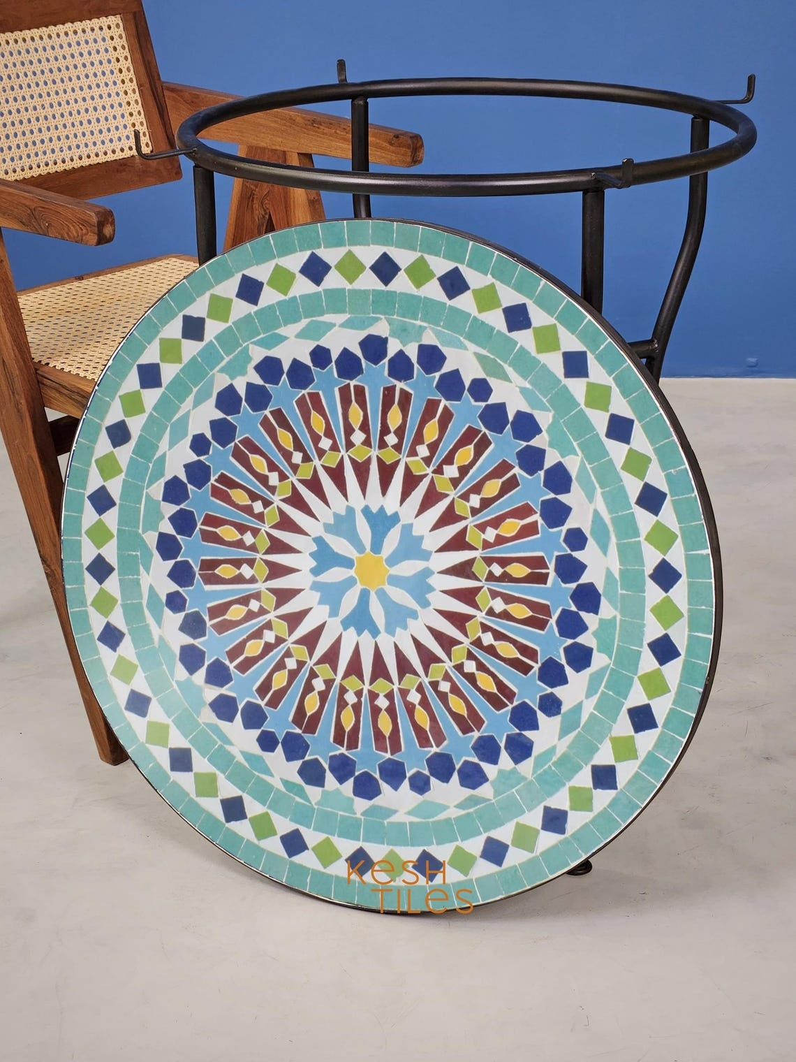 Taznirt - Round Mosaic Table, Colorful Handmade Moroccan Patio Tile