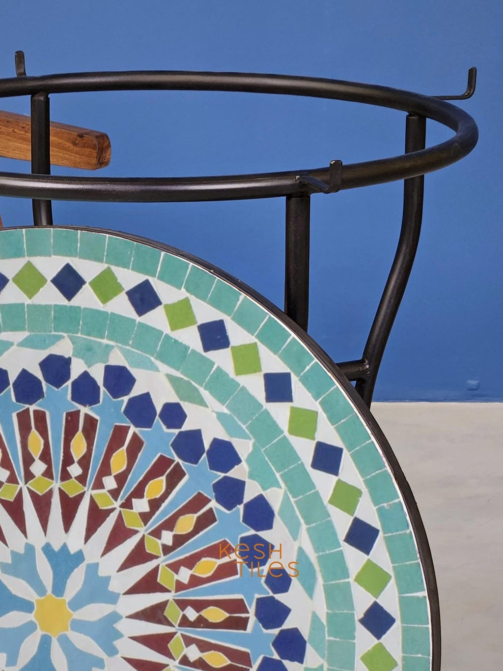 Taznirt - Round Mosaic Table, Colorful Handmade Moroccan Patio Tile