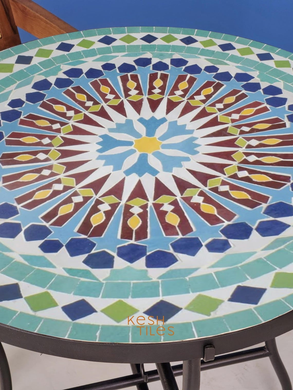 Taznirt - Round Mosaic Table, Colorful Handmade Moroccan Patio Tile