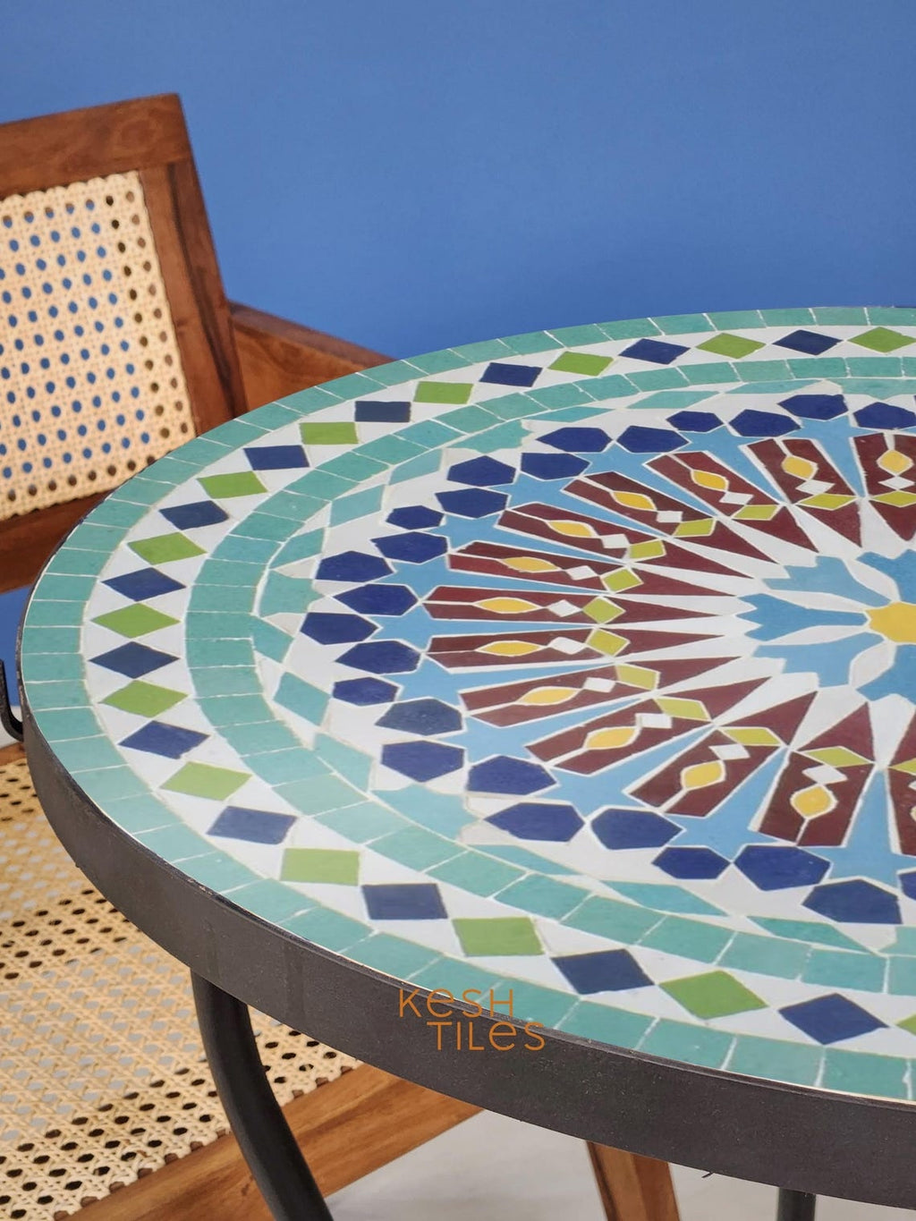 Taznirt - Round Mosaic Table, Colorful Handmade Moroccan Patio Tile
