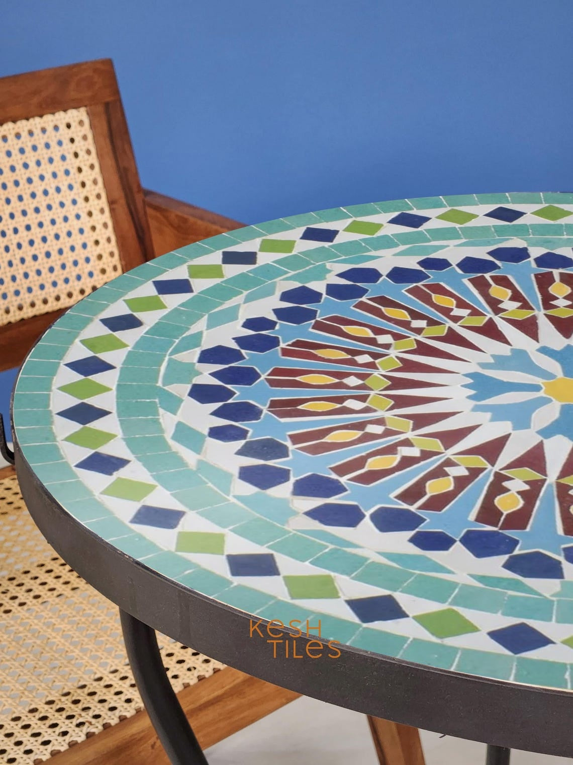 Taznirt - Round Mosaic Table, Colorful Handmade Moroccan Patio Tile