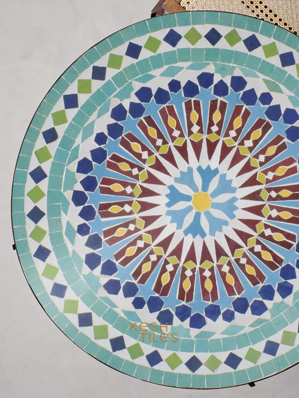 Taznirt - Round Mosaic Table, Colorful Handmade Moroccan Patio Tile