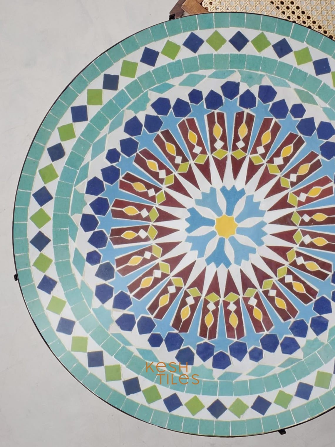 Taznirt - Round Mosaic Table, Colorful Handmade Moroccan Patio Tile