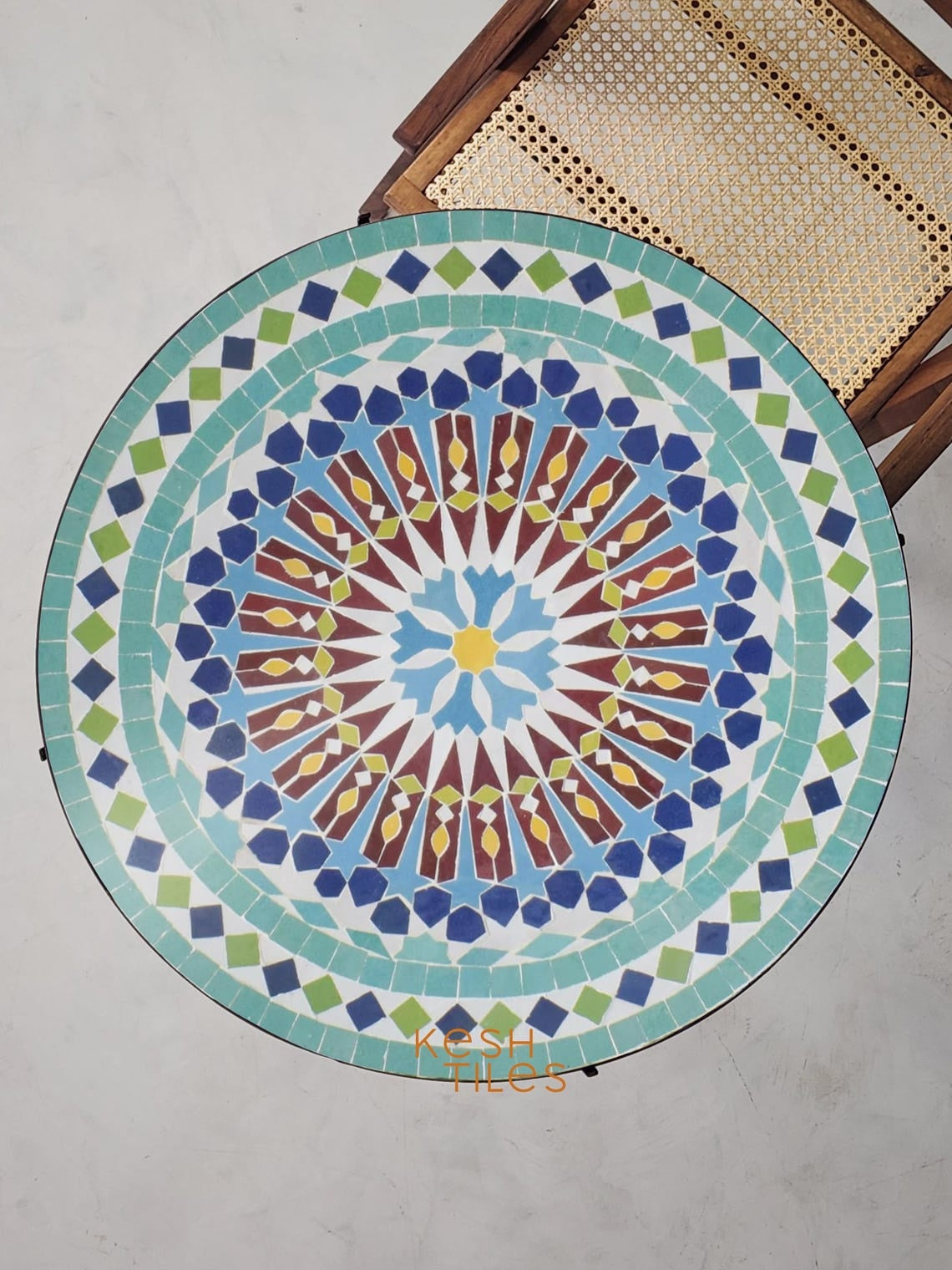 Taznirt - Round Mosaic Table, Colorful Handmade Moroccan Patio Tile