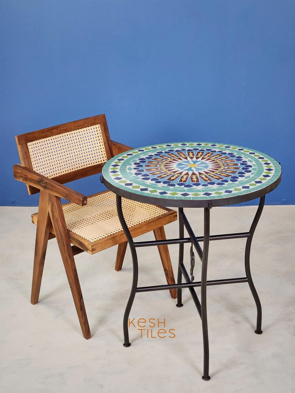 Taznirt - Round Mosaic Table, Colorful Handmade Moroccan Patio Tile