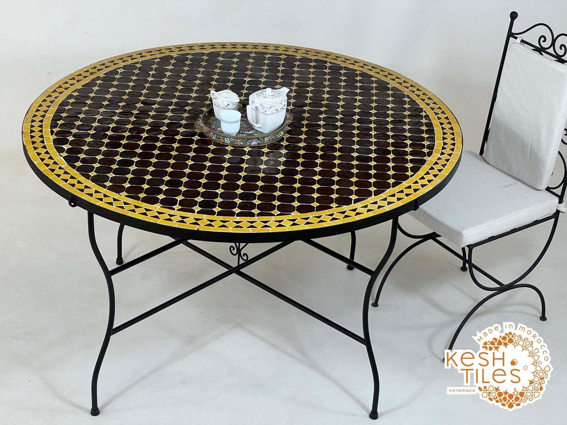 Baraka - Round Mosaic Table, Dark Brown and Mustard Yellow Moroccan Tile