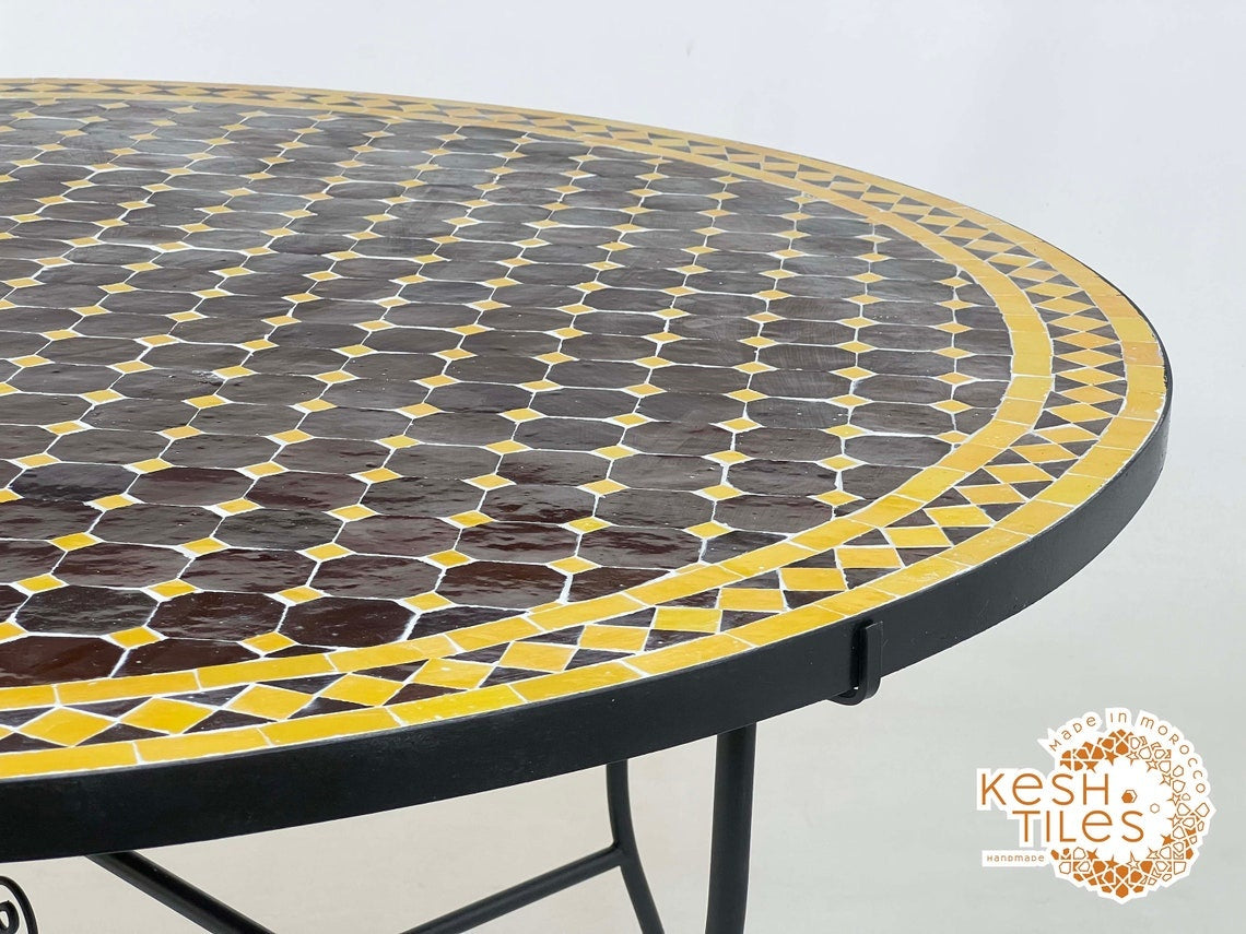 Baraka - Round Mosaic Table, Dark Brown and Mustard Yellow Moroccan Tile